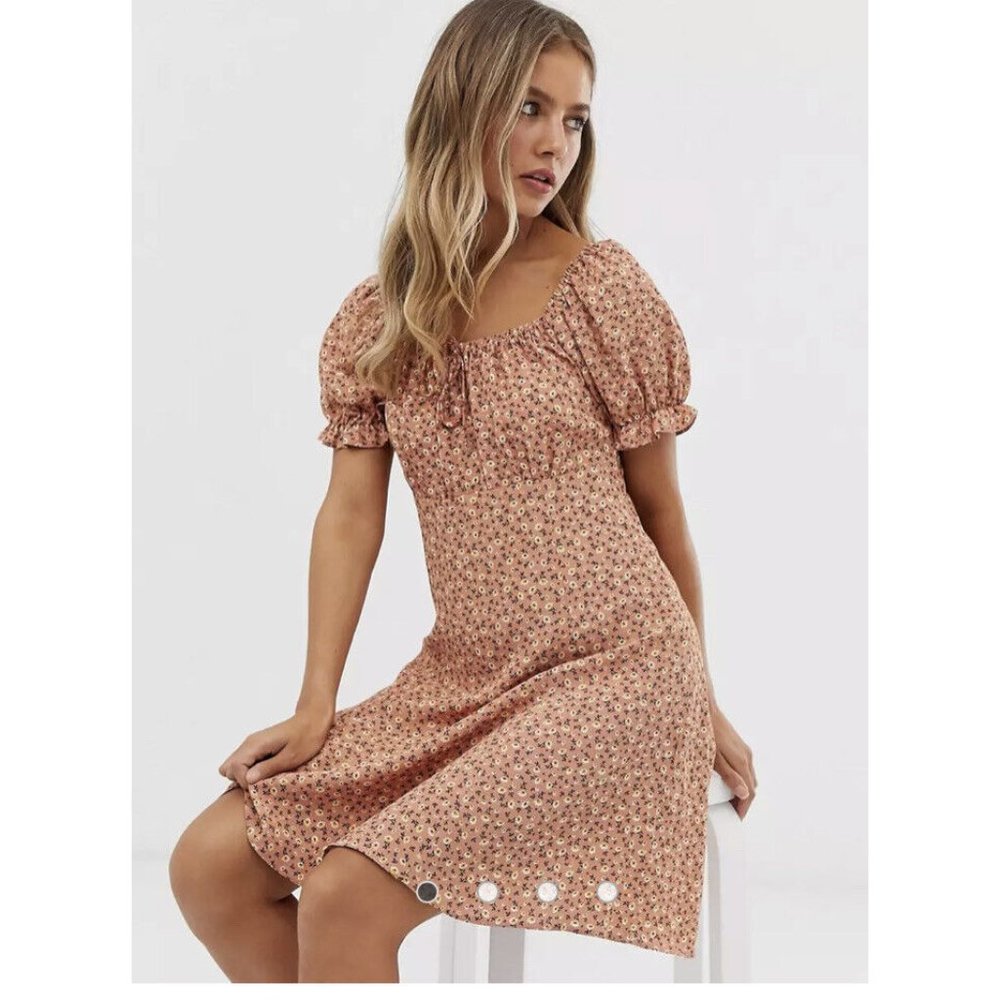 New Look square neck puff sleeve tea dress in ditsy floral Small 2